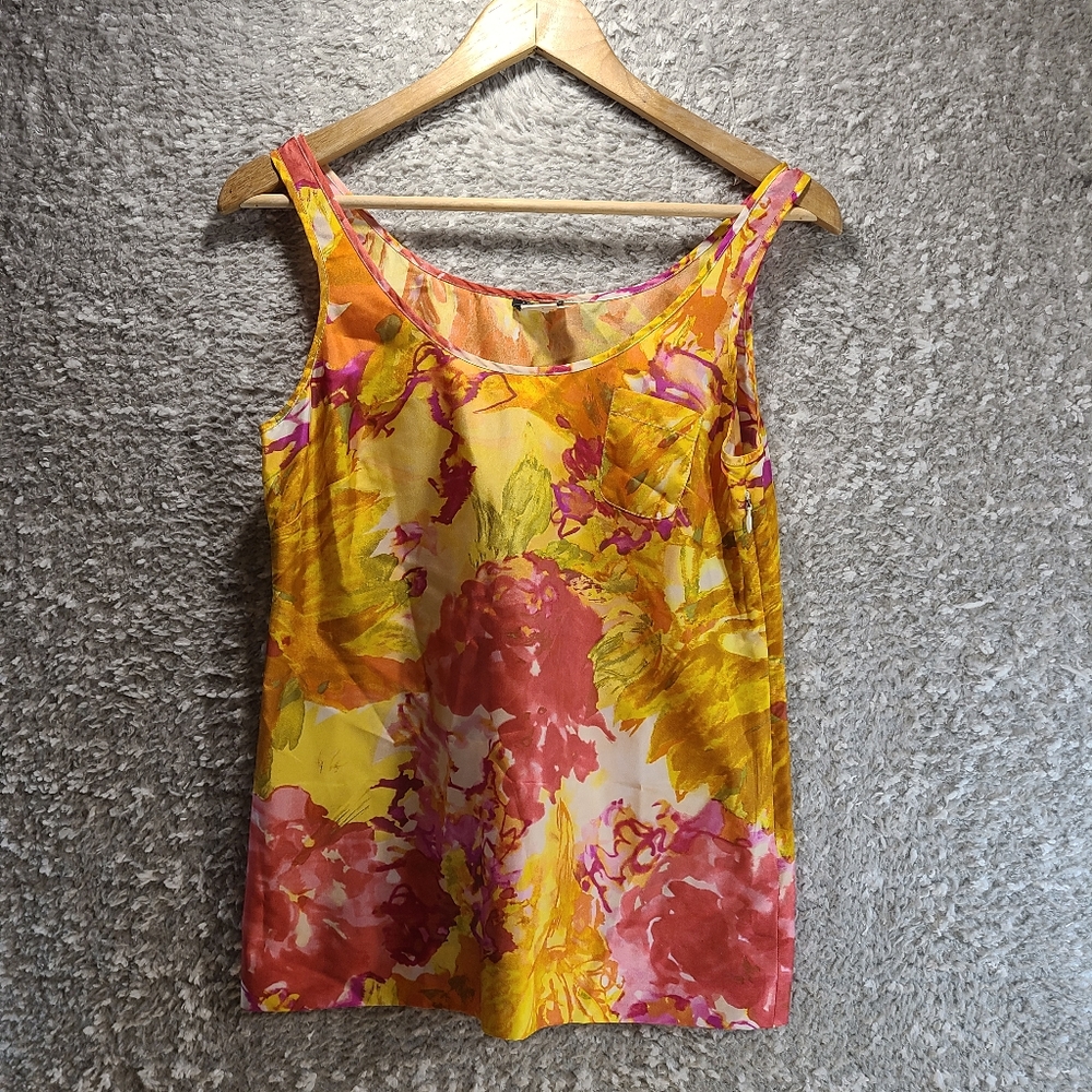 J Crew Women Floral Colorful Silk Blouse Sleeveless Size 0, Side Zip Lightweight
